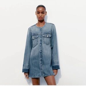 New ZARA Denim TRF Dress Size Large Long-sleeved Cotton Denim Mini Dress/Tunic